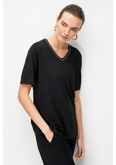 Desen Triko Kadın V Yaka Yaka Kenarı Zincirli Penye T-shirt 26707 Siyah Siyah