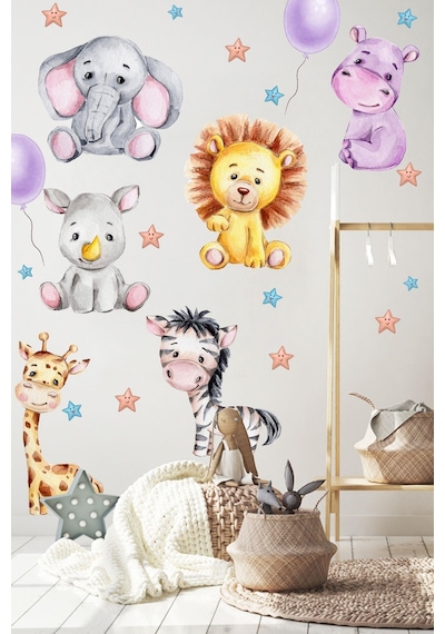 MSticker Sevimli Hayvanlar Balon Ve Yıldızlar Çocuk Bebek Odası Sticker Seti