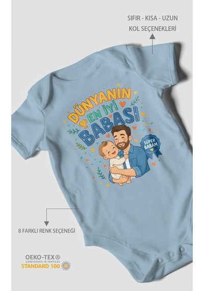 Morivokids Dünyanın En İyi Babası Kısa Kollu Bebek Body %100 Pamuk Bebe Mavisi