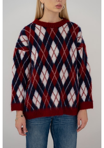 Noa & Noa Kadın Oversize Sardonlu Tiftik Kazak Yumoş Dokulu & Desenli Bordo
