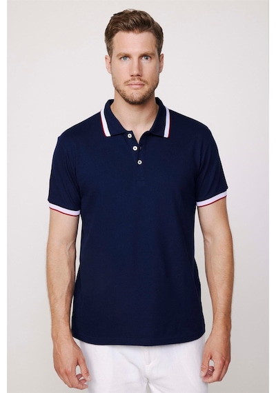 Tudors Erkek Slim Fit Dar Kesim %100 Pamuk Düz Pike Kol Şeritli Lacivert Polo Yaka Tişört-27689