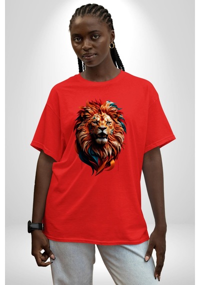 Renkli Kaplan Kükrüyor Pamuklu Bisiklet Yaka Unisex Oversize Boyfriend Dijital Baskılı Kırmızı T-shirt Kırmızı