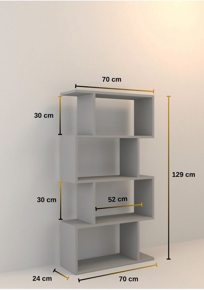 4 Raflı Kitaplık, Dekoratif Raf Zigzag Kitaplık, Beyaz Renk