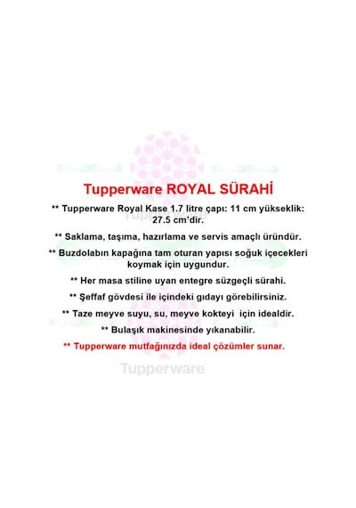 Tupperware Royal Sürahi 1.7 Litre Hsgl