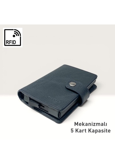 Grande Hakiki Deri Mekanizmalı Mandallı Kartlık Cüzdan Rfıd Lacivert