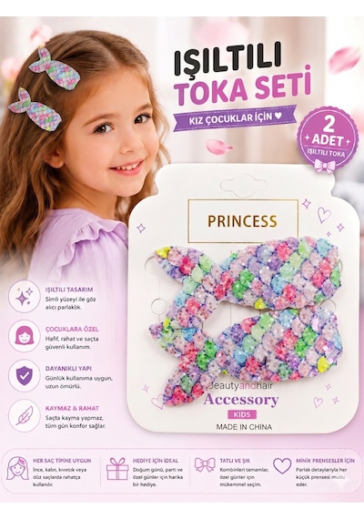 2 Li Simli Fiyonk Pens Toka Seti Kız Çocuk Saç Tokası Farklı Renk Seçenekli E