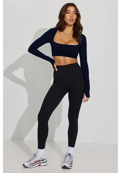 Seeh Lacivert Kare Yaka Parmak Detaylı Kadın Body Sh211