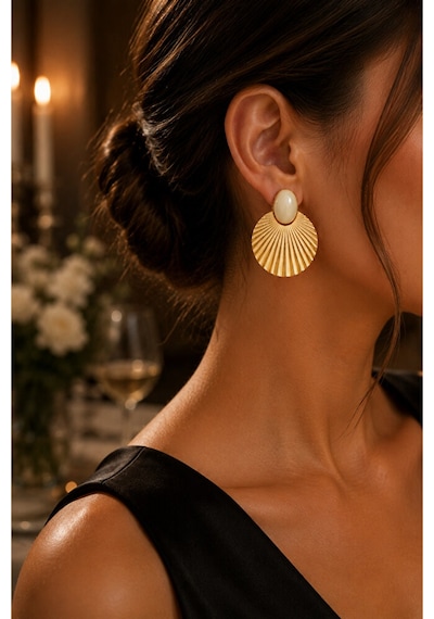 Gold Vintage Yelpaze Formlu Krem Taş Detaylı Kadın Küpe 4 Cm Şık Çok Renkli