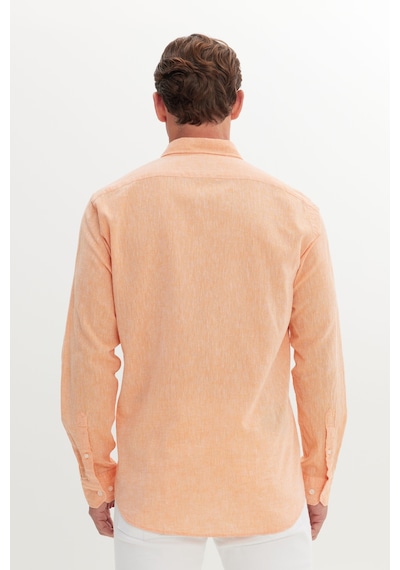 AC&Co / Altınyıldız Classics Erkek Turuncu Pamuklu Keten Comfort Fit Rahat Kesim Düğmeli Yaka Armürlü Gömlek Turuncu