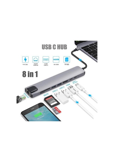 8 In 1 Type-C To Hdmi Sd/ Tf 2 Usb 3.0 Usb-C Pd Ethernet Kablo