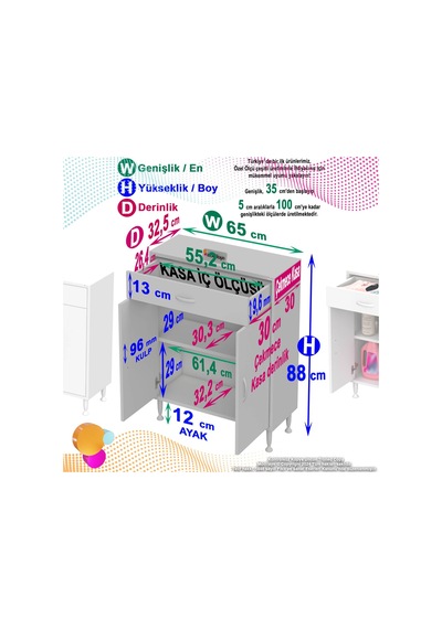 Eliusta Fre 65 Cm Çok Amaçlı Dolap 1 Raflı Tek Çekmeceli Banyo Mutfak Dolabı 65x88x32,5 Cm Organizer Dolap Beyaz