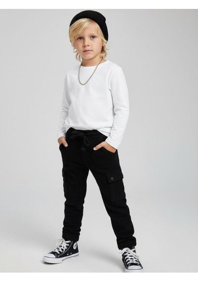 Zekids Erkek Çocuk Bürümcük Beli Lastikli Kargo Pantolon-16690 Siyah