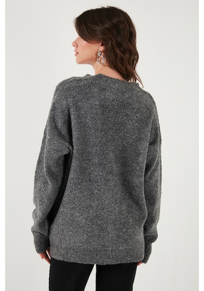 Lela Oversize Fit Düğmeli V Yaka Uzun Kollu Triko Bayan Hırka 4616232 Antrasit