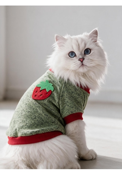 Çilek Tadında Kedi Sweatshirt Yeşil Kırmızı Sıcak Tutan Yumuşak Kedi Kıyafeti