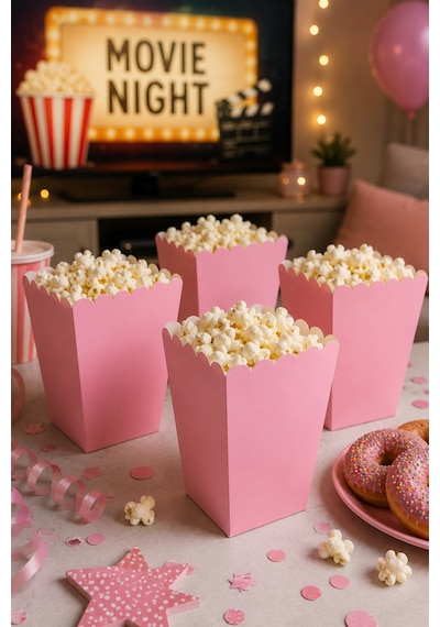 Mısır Kutusu Pop Corn Kutusu Pembe 8'li Doğum Günü Parti Sinema Temalı Patlamış Mısır Kutusu
