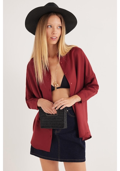 Tudors Kadın Oversize Rahat Kesim Spor Yaka Uzun Kollu Basic Düz Bordo Gömlek-36830 Bordo