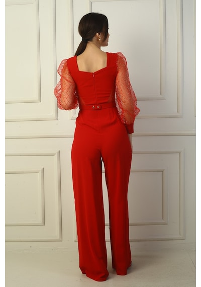 By Saygı Kadın Kalp Yaka Beli Kemerli Kolları Tül Kare Sim Detaylı Palazzo Tulum Kırmızı By Saygı Kadın Kalp Yaka Beli Kemerli Kolları Tül Kare Sim Detaylı Palazzo Tulum Kırmızı