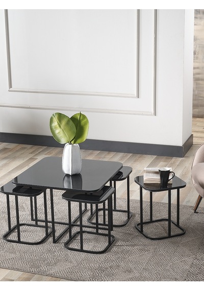 Pelikan 4+1 Siyah Aynalı Temperli Cam Siyah Metal Ayak Takım Sehpa Sedaş Living Units Sehpa
