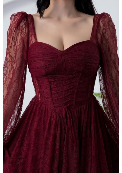 Kalopya Kalp Yaka Uzun Kol Dantel Elbise Ecr5733 Bordo