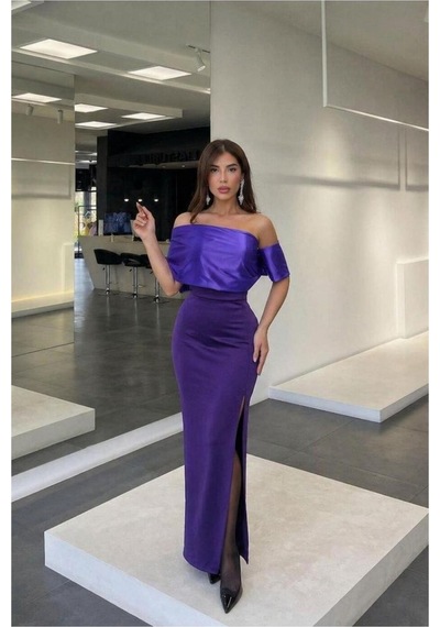 DefyModa Kadın Trend Kayık Yaka Yırtmaçlı Maxi Abiye Elbise Mor