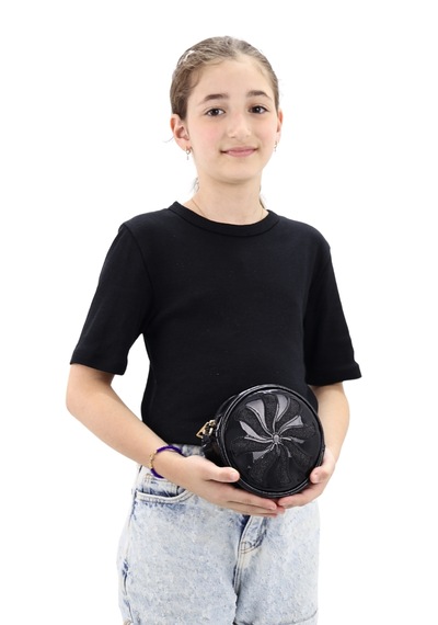 İcone Bag Yuvarlak Kız Çocuk Çantası Simli Suni Kız Çocuk Çantası Siyah