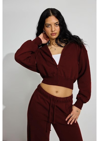 Bordo Crop Kapşonlu Fermuarlı Kadın Sweatshirt Mg2608 Bordo