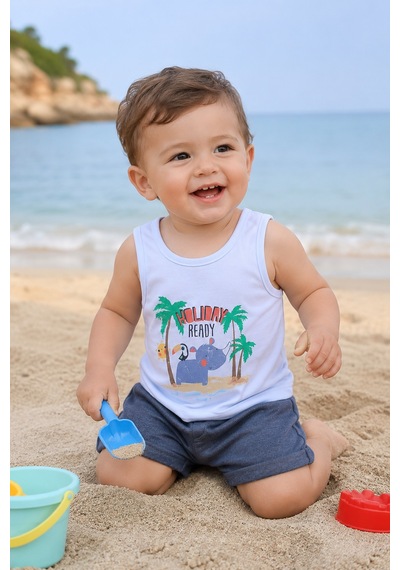 Babyhola Holiday Baskı Erkek Bebek Atlet Şort Yazlık Takım 3521 İndigo