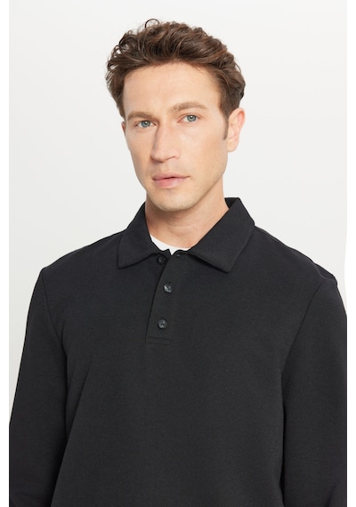 AC&Co / Altınyıldız Classics Erkek Sıyah 2 İplik Pamuklu Standart Fit Normal Kesim Polo Yaka Sweatshirt Siyah