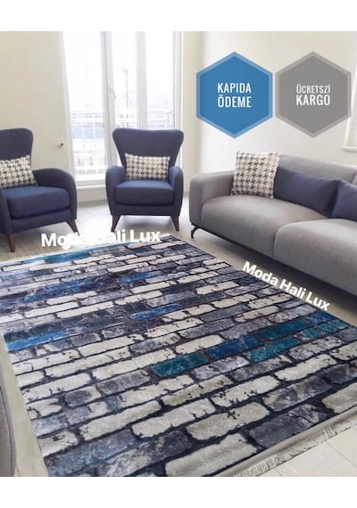 STY Home Taş Mavi Kaymaz Tabanlı Yıkanabilir Halı Kilim Yolluk Gri