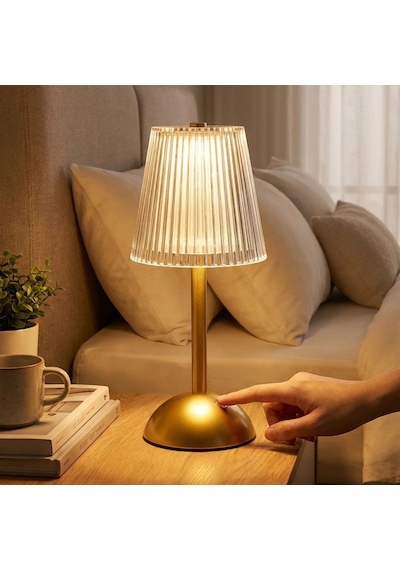 Buffer Uzun Klasik Çizgili Model Led Masa Lambası Dokunmatik, 3 Renk Işık Modlu, Şarjlı Dekoratif Gece Lambası Gri