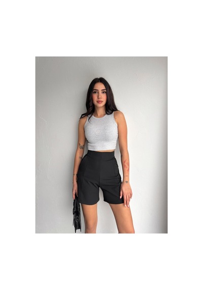 Winmoda34 Kadın Dokuma Kumaş Şehir Boyu Trend Şort Siyah