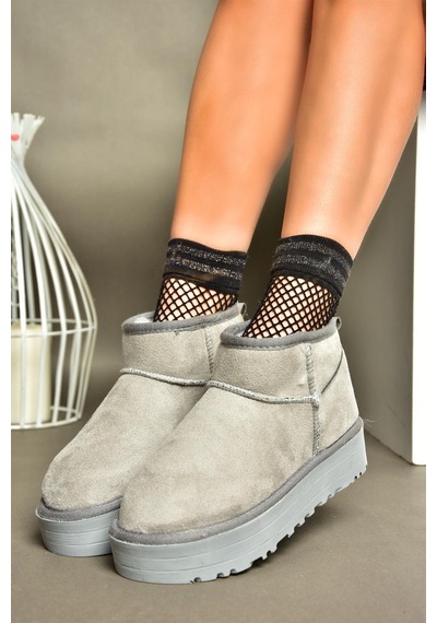 Fox Shoes R612033402 Süet İçi Tüylü Kalın Tabanlı Yarım Kadın Bot Gri