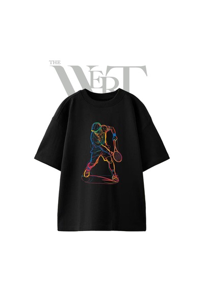 Thewert Tenis Oyuncusu Tasarım Baskılı Ünisex Siyah Oversize T-shirt