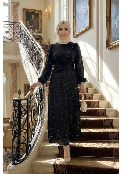 Hb Harma Time Butik Kadın İnci Detaylı Kuşaklı Siyah Saten Elbise Siyah Siyah