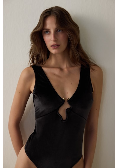 Penti Siyah Deep V Velvet Bodysuit Siyah