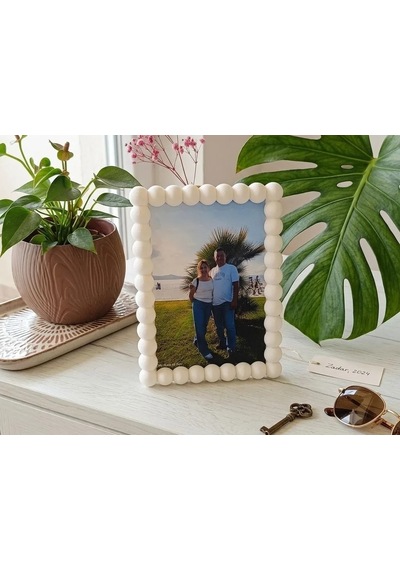 3d Baskı İnci Baloncuk Fotoğraf Çerçevesi Boncuk Kenarlı Modern Fotoğraf Çerçevesi Masaüstü Beyaz