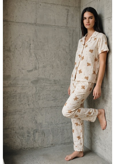 V Yaka Düğmeli Casual Kırık Beyaz Pijama Takımı