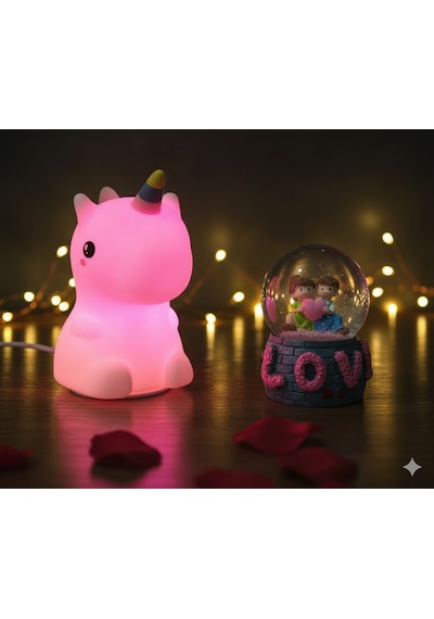 2 Li Sevgiliye Romantik Hediye Seti Unicorn Çok Renkli Led Gece Lambası Ve 9 Cm Love Kar Küresi Seti Set