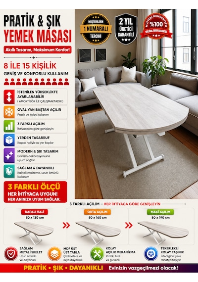 Oval Yan Baştan Açılır Akıllı Masa Üst Tabla Mdf Yüksekliği Ayarlanabilir Pratik Lizbon