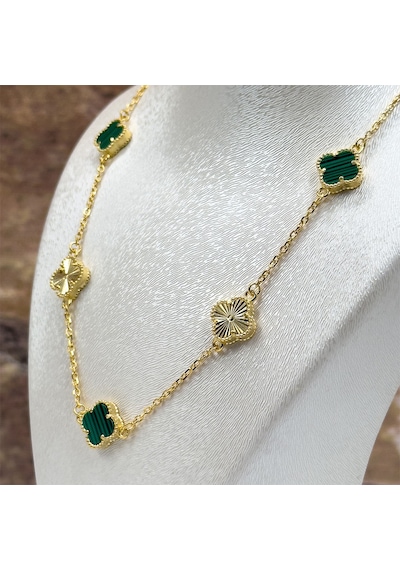 Malachite Taşlı Yonca Gümüş Kolye Sarı