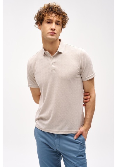 Taş Slim Fit Dar Kalıp Fermuarlı Polo Yaka Desenli Kısa Kollu Tişört-16400 Bej