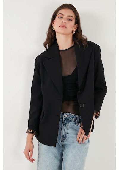 Lela Regular Fit Mono Yaka Desenli Astar Detaylı Blazer Bayan Ceket 6524430 Siyah