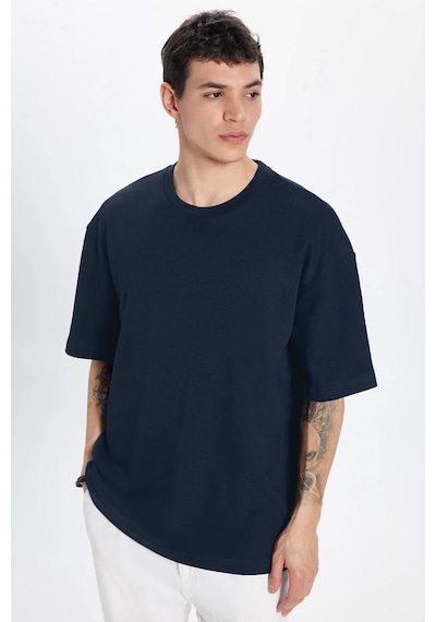 Tudors Unisex Oversize Geniş Kesim Pamuk Yumuşak Dokulu Basic Bisiklet Yaka Lacivert Tişört-30844 2XL