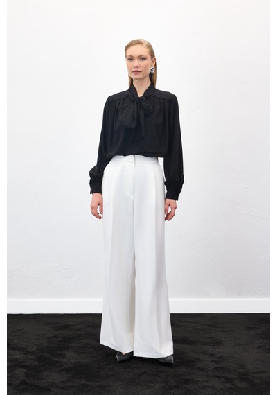 Sateen Aksesuar Detaylı Fularlı Bluz - Siyah-137039 Siyah