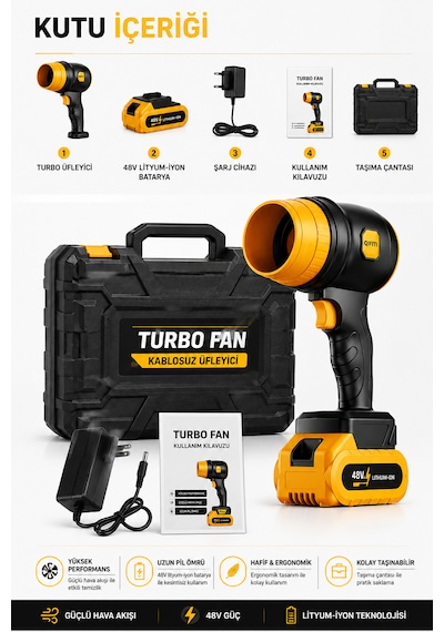 48v Şarjlı Turbo Hava Üfleyici Fan Kablosuz Güç Maksimum Performans Güçlü Yaprak Üfleme & Araç Temizleme