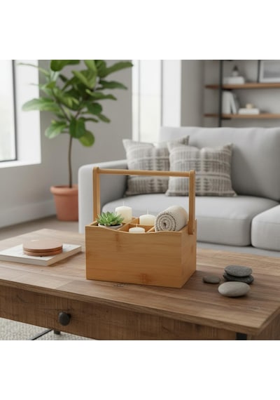 Bambu Taşıma Kulplu Çok Amaçlı Düzenleyici - 6 Bölmeli Çatal Bıçaklık Ofis, Banyo Ve Masaüstü Caddy Organizer 21.6x14x12.7 Cm Çok Renkli