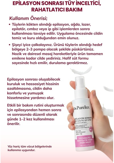 Epilasyon Sonrası Tüy Azaltıcı & Tüy Süt Sprey Rahatlatıcı Hassas Bakım 100 Ml
