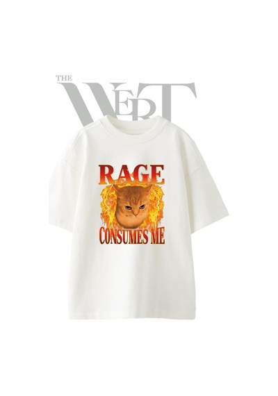Thewert Rage Cat 1 Tasarım Baskılı Ünisex Beyaz Oversize T-shirt