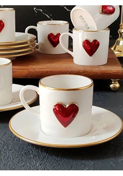 Regna Home Fine Living Love 2 Kişilik Dekorlu Kahve Yanı Su Bardaklı Kadehli 6 Parça Kahve Fincan Takımı Beyaz