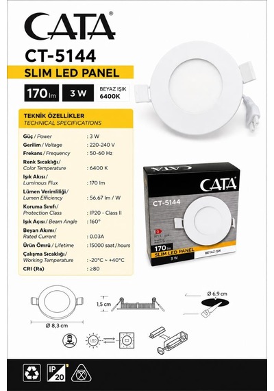Cata Ct-5144b 3w Slim Led Panel 6400k Beyaz Işık Sıva Altı Spot Lamba